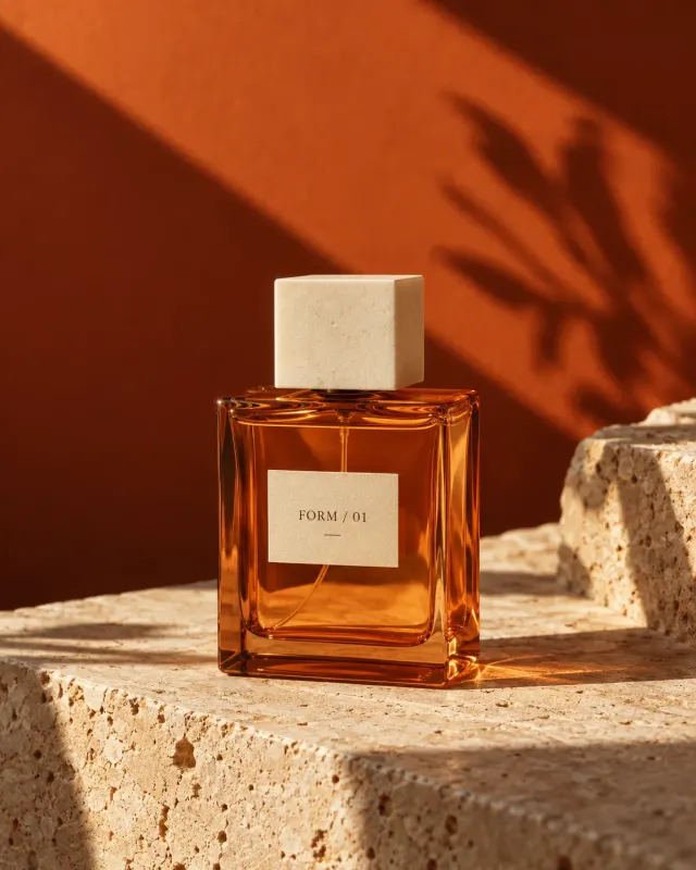 Amber glass bottle on stone
