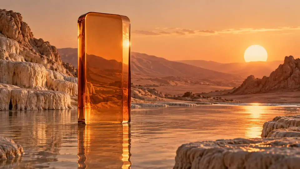 Amber product campaign arranged in a warm rocky landscape