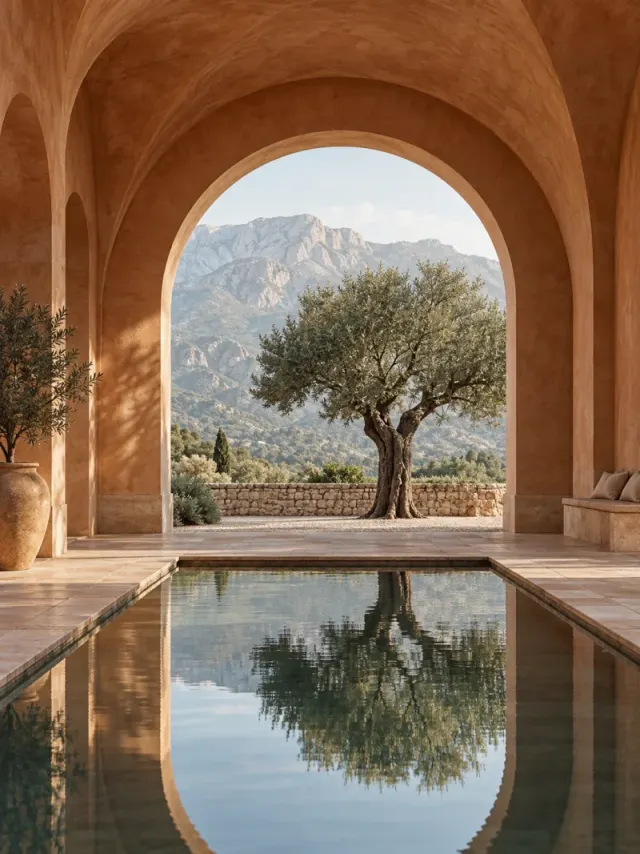 Terracotta arches framing an olive tree and reflecting pool