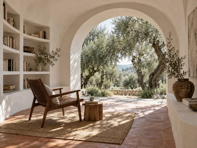 Quiet architectural interior with warm surfaces and greenery