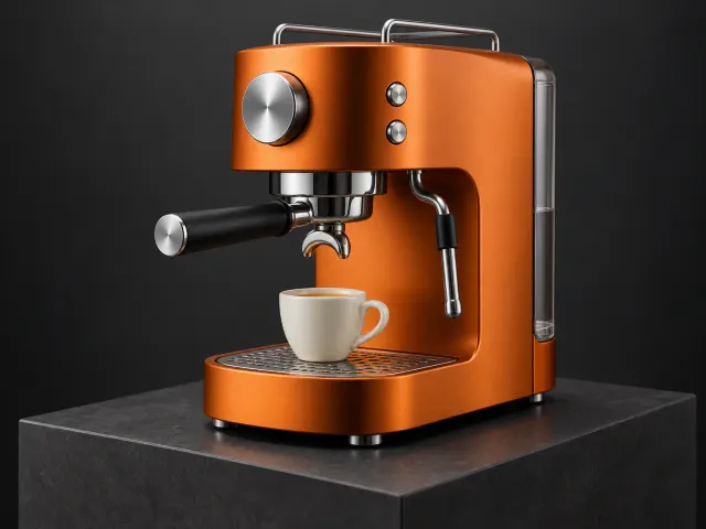 Orange espresso machine on charcoal plinth