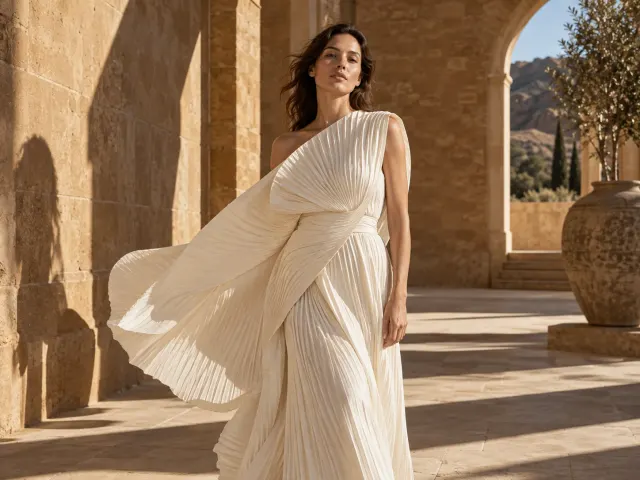Fashion editorial in warm architectural surroundings