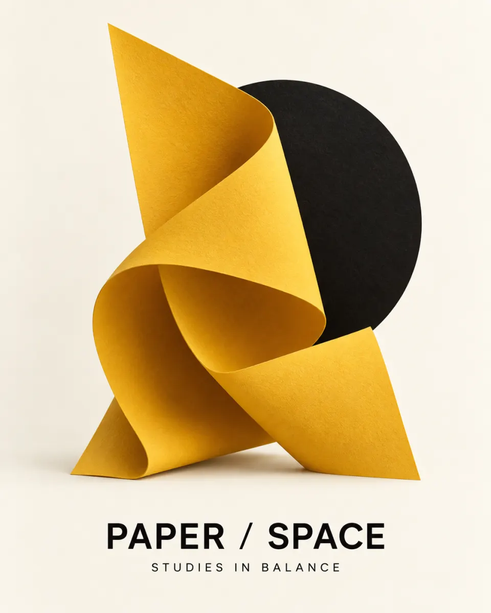 Editorial poster with folded saffron paper and black geometry