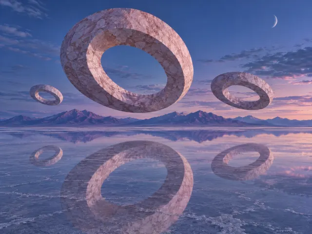 Floating pale stone rings above landscape