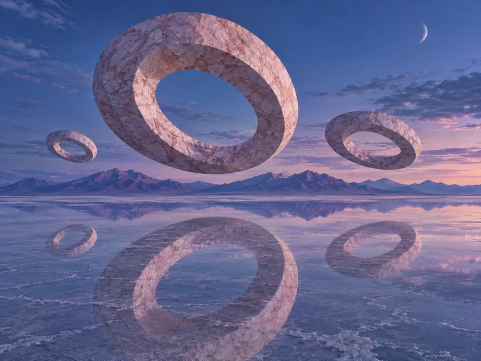 Surreal stone ring landscape with a low cinematic viewpoint