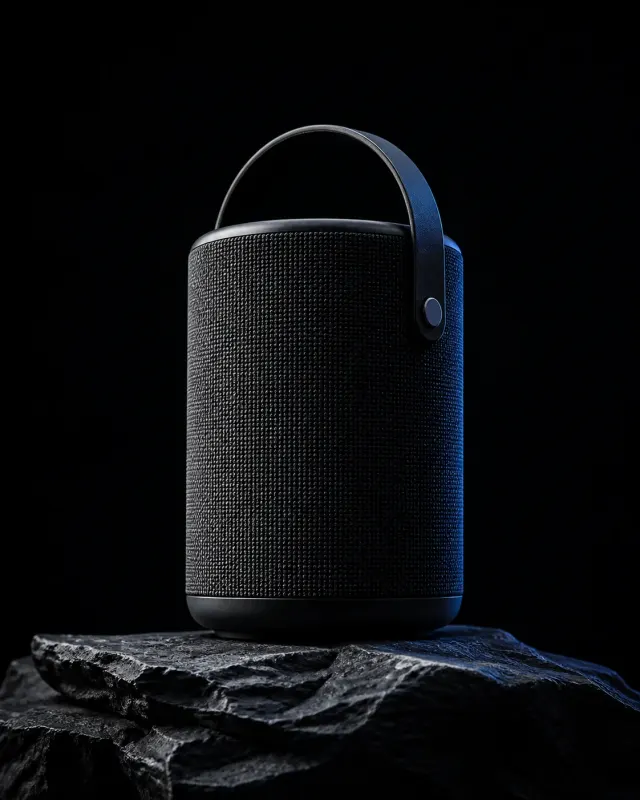 Dark portable speaker on volcanic rock with blue rim light